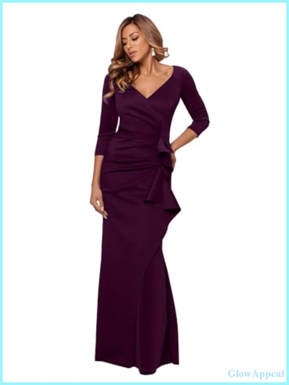 Floor Length V-Neck Bodycon Evening Gown 3/4 Sleeves Ruffle Formal Dress